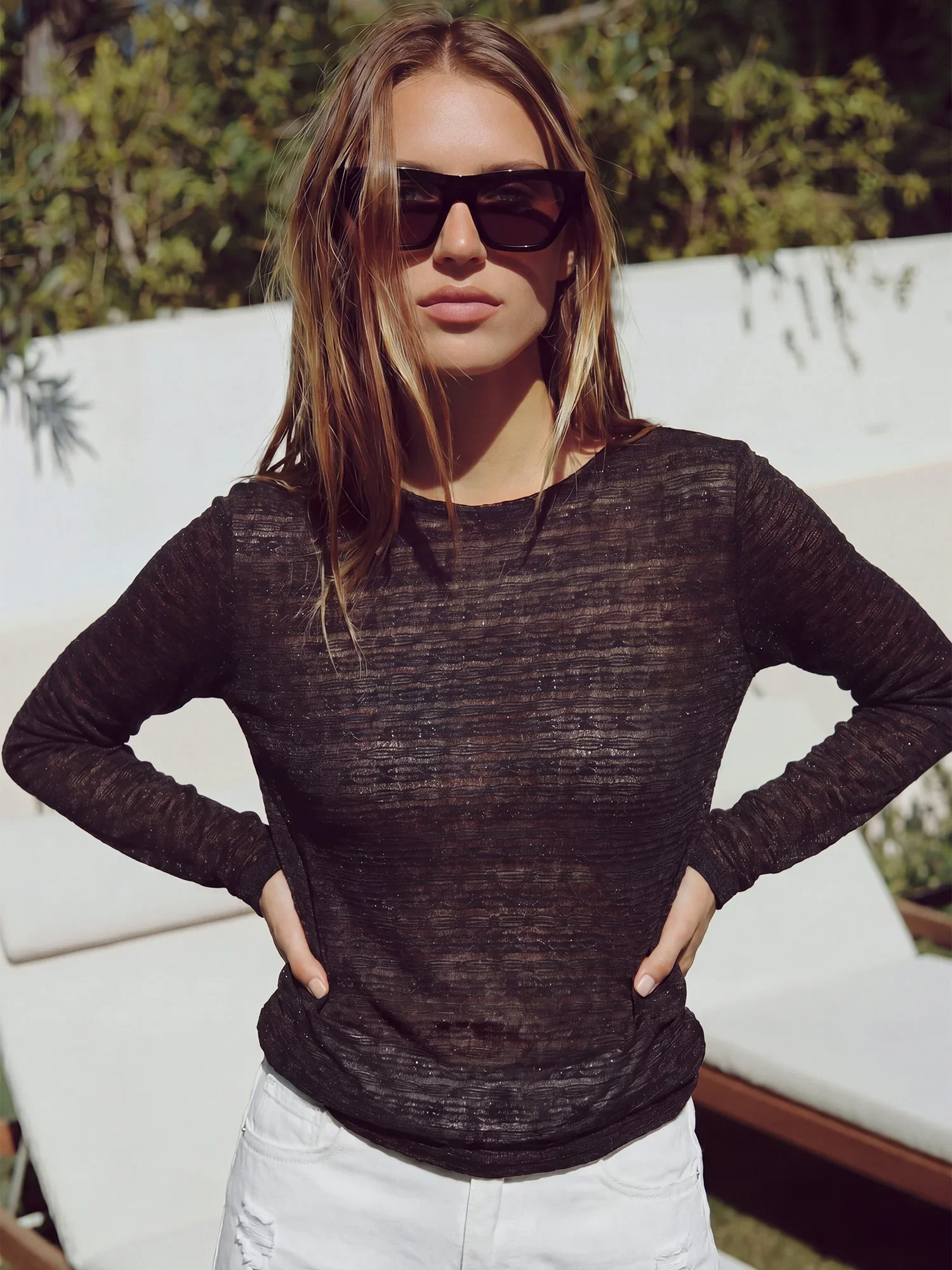 Image of Long Sleeves Crew Neck Stretch Lace Transparent Top