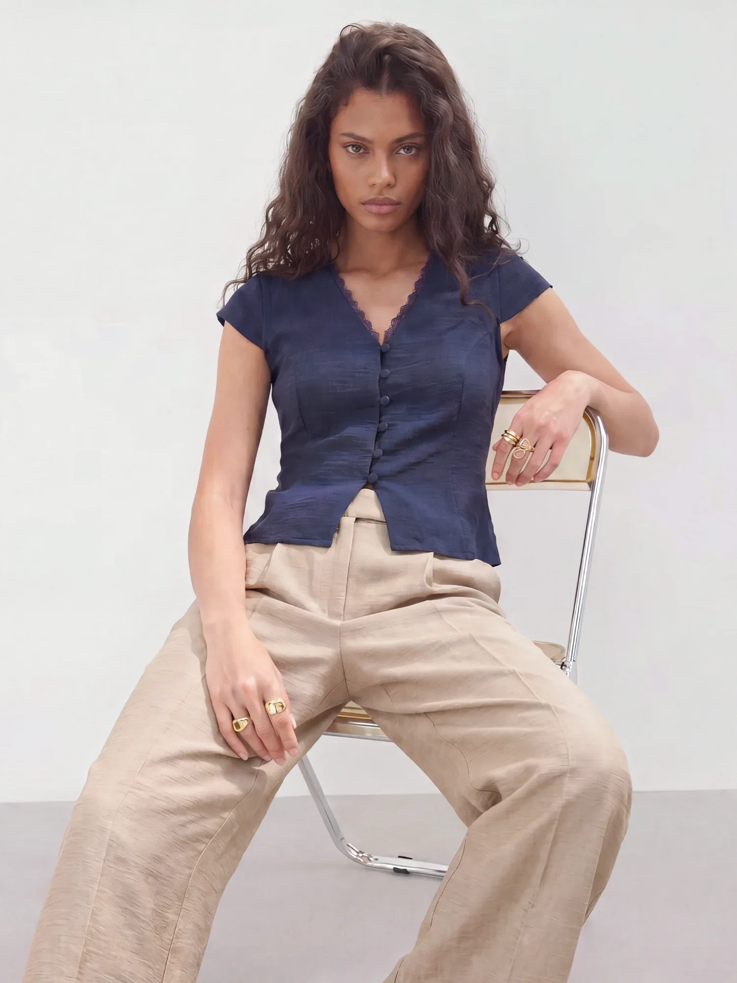 Image of Short Sleeves Lace Trim Button Top