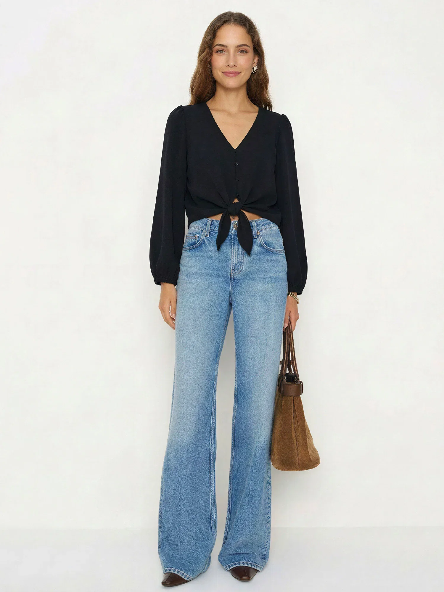 Image of Long Sleeve Tie Front Blouse