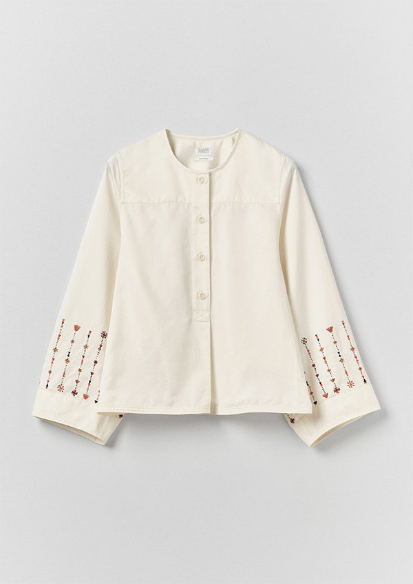 Embroidered Sleeve Cotton Satin Top