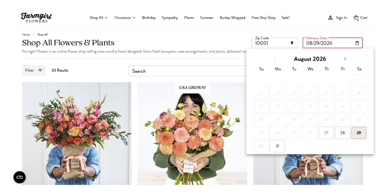 Farmgirl website showing availability calendar
