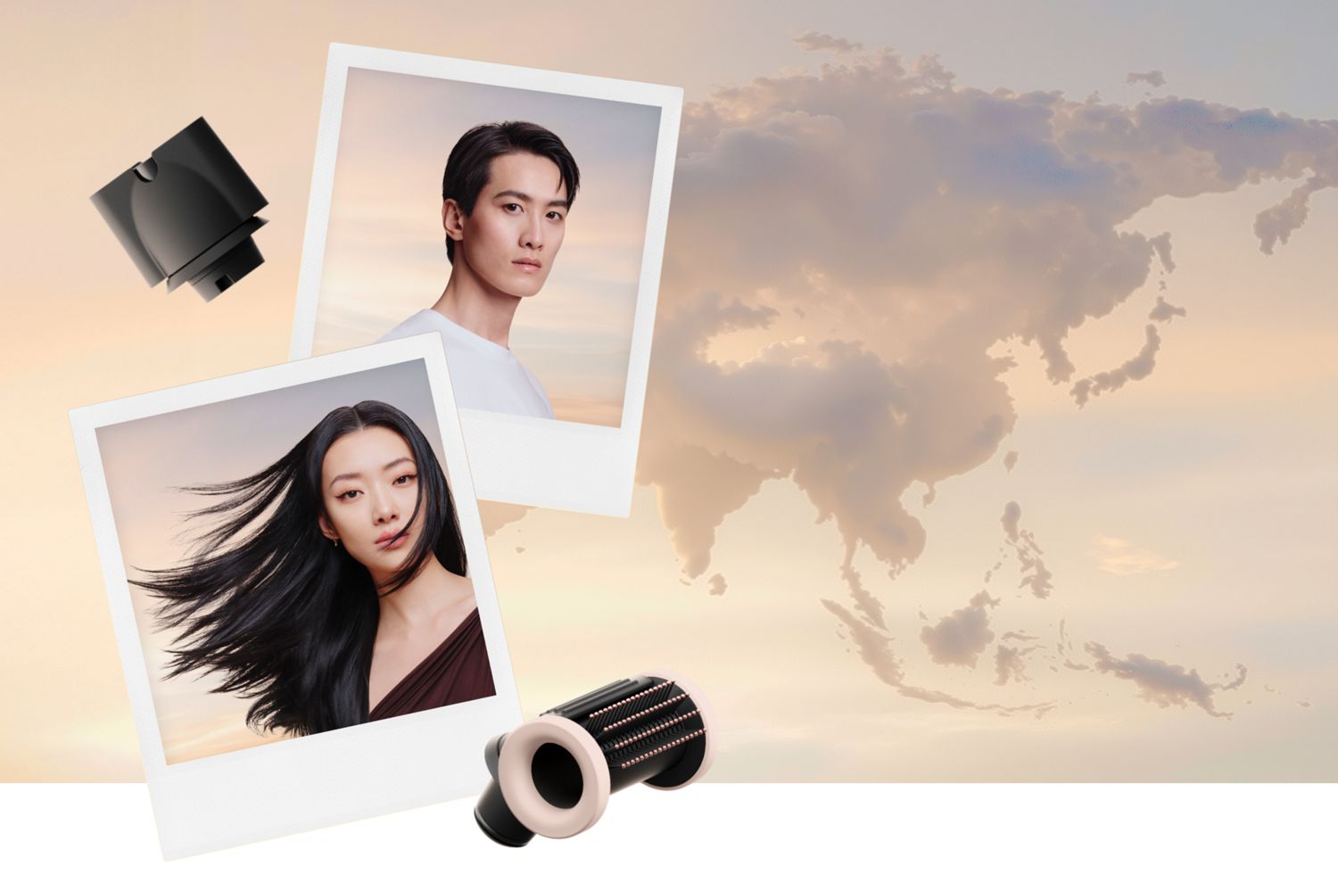 Polaroids of models next to Dyson Supersonic attachments and clouds representing a world map.