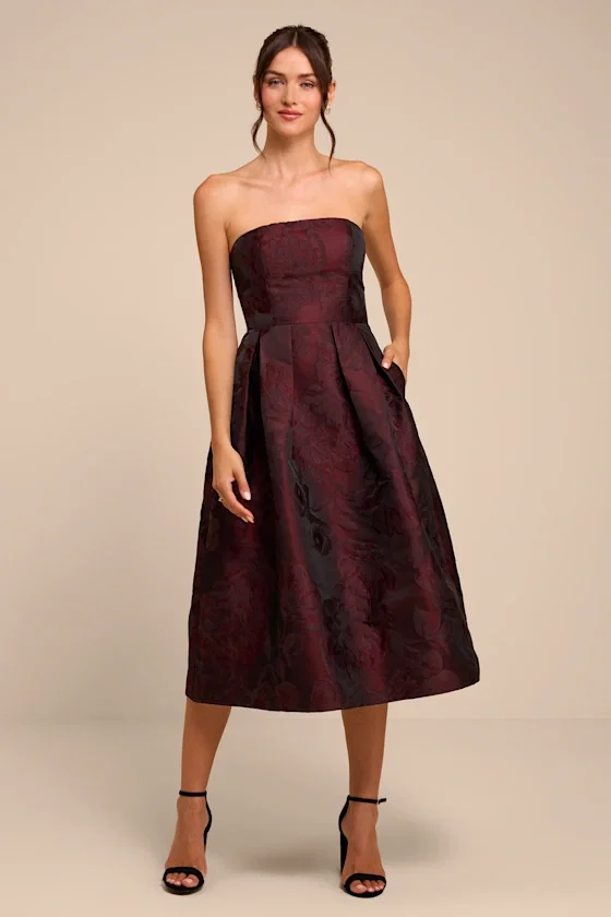 Image of Laurelin Burgundy Floral Jacquard Strapless Midi Dress