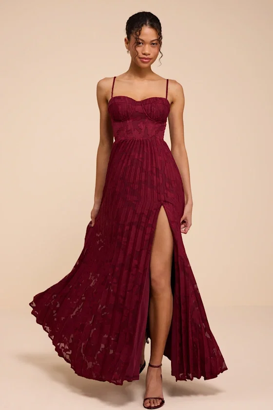 Image of Dacie Burgundy Floral Burnout Pleated Bustier Maxi Dress