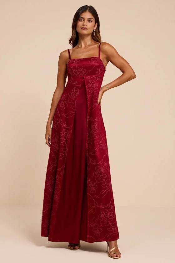 Image of Mitzie Wine Red Embroidered Maxi Dress