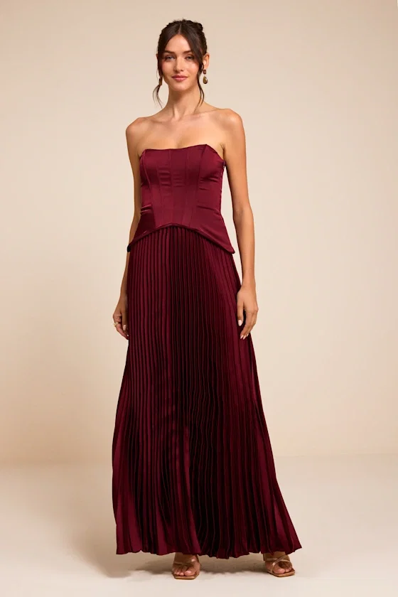 Image of Makani Wine Red Satin Bustier Maxi Dress