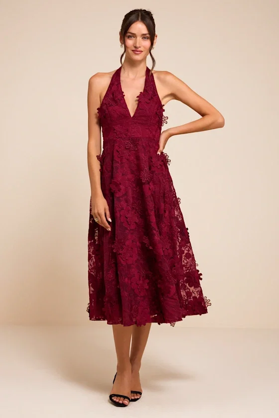 Image of Kennia Burgundy 3D Floral Embroidered Halter Midi Dress