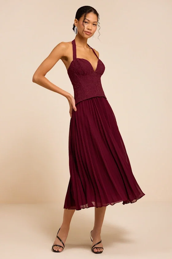 Image of Baylin Burgundy Lace Bustier Midi Dress