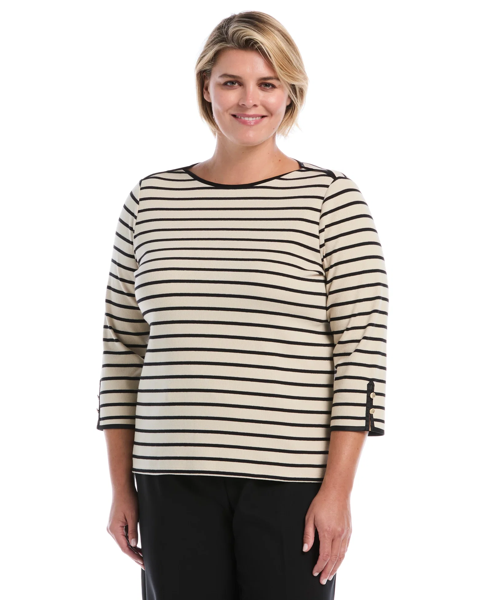 Image of Plus Size Striped Button Detail Boat Neck Top