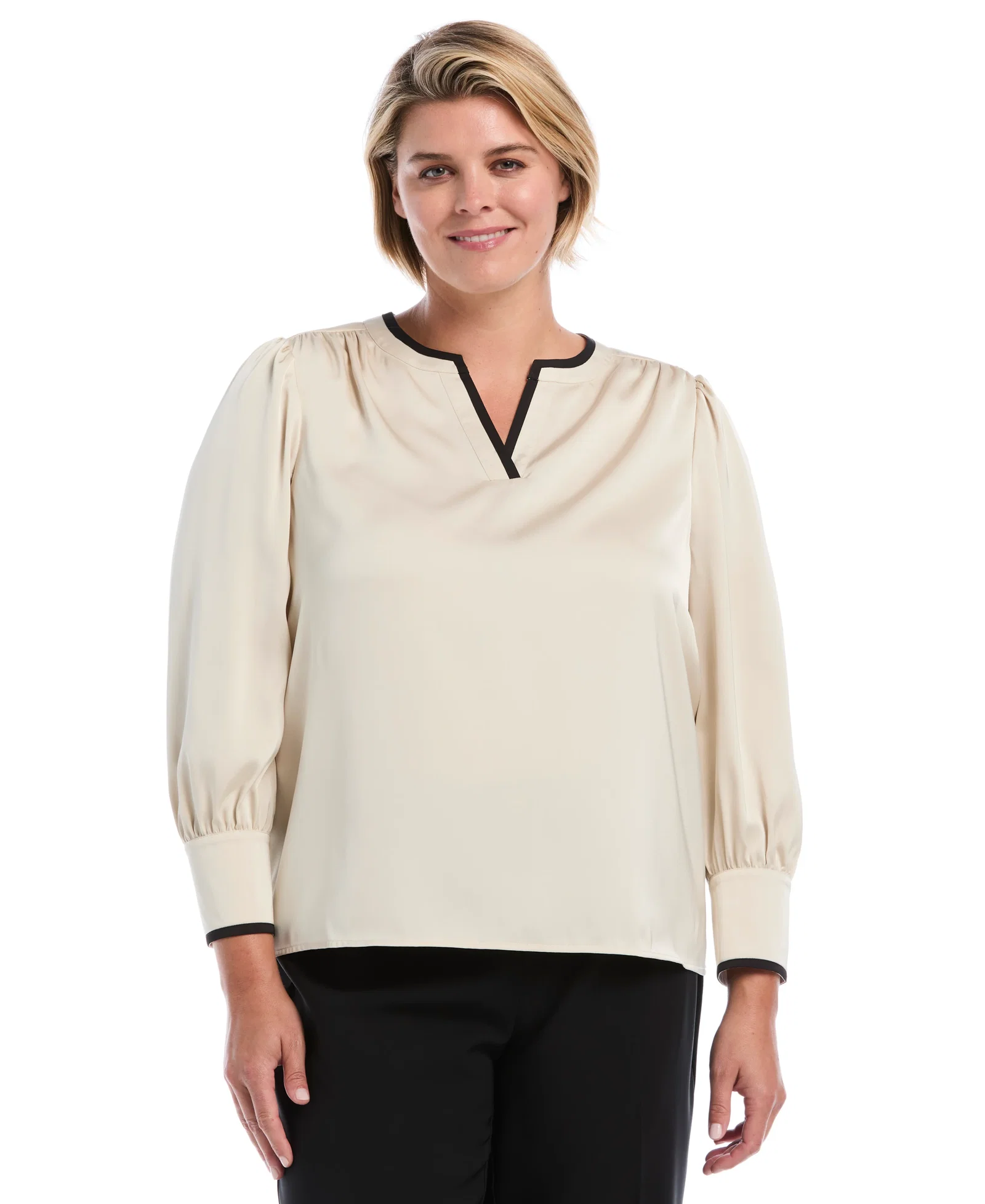 Image of Plus Size Split Neck Contrast Trim Blouse