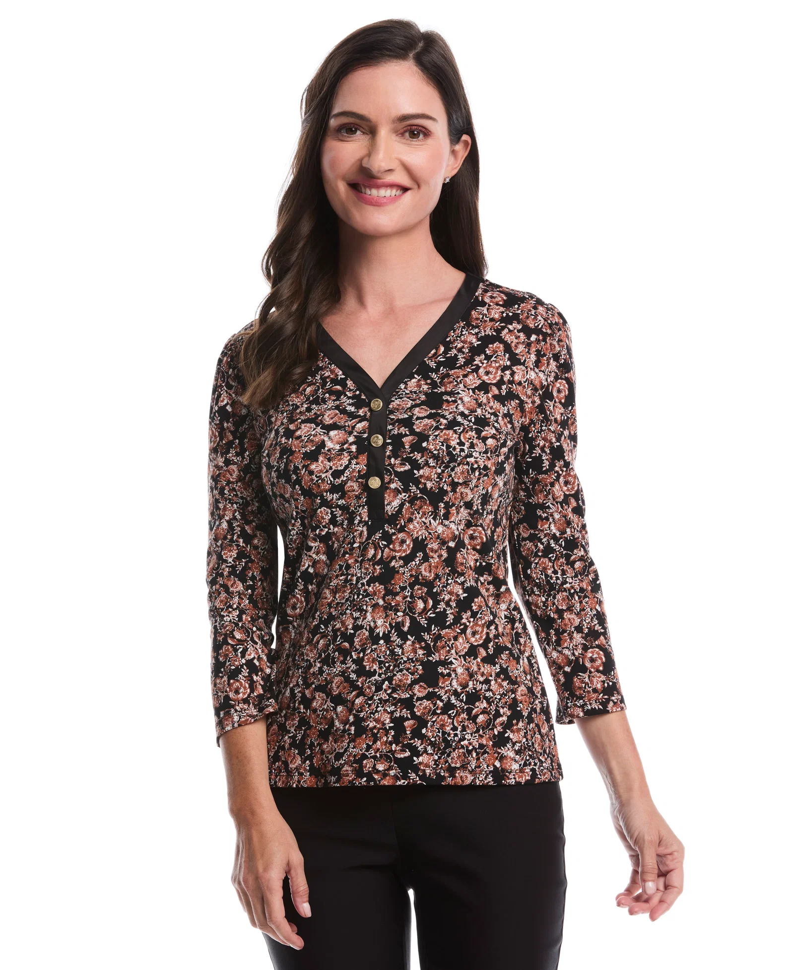 Image of Floral Print 3/4 Puff Sleeve V-Neck Top