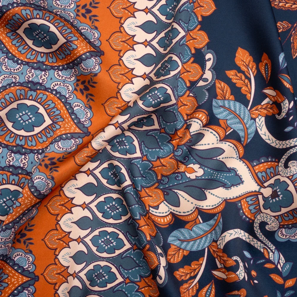 Image of Stretch Polyester Charmeuse - Navy, Muted Teal and Orange Jacobean Florals - Designer Deadstock