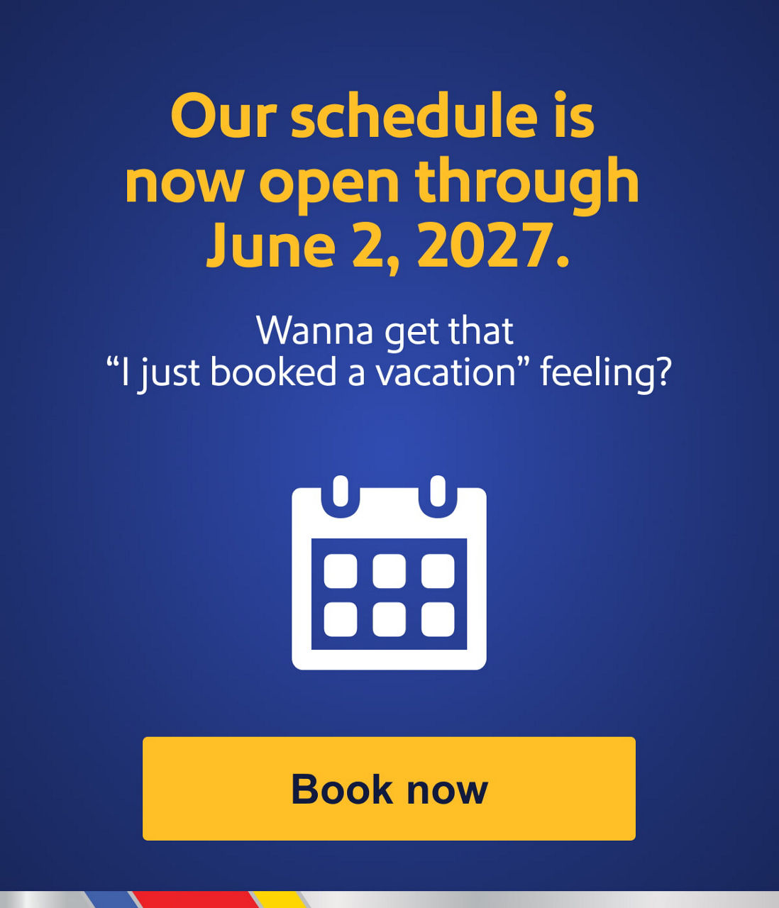 Our schedule is now open through June 2, 2027.
Wanna get that “I just booked a vacation” feeling?
Book now 