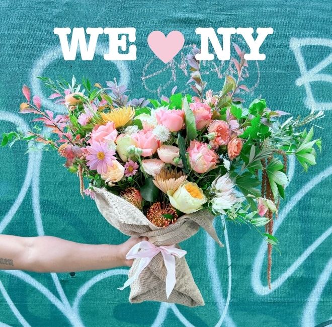 A pink and yellow Farmgirl bouquet in the streets of NYC