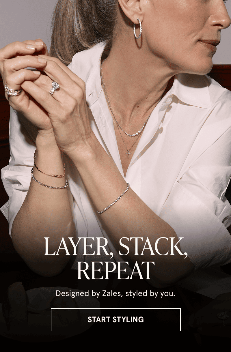 A model wearing gold diamond jewelry. Layer, stack, repeat. Click here to start styling
