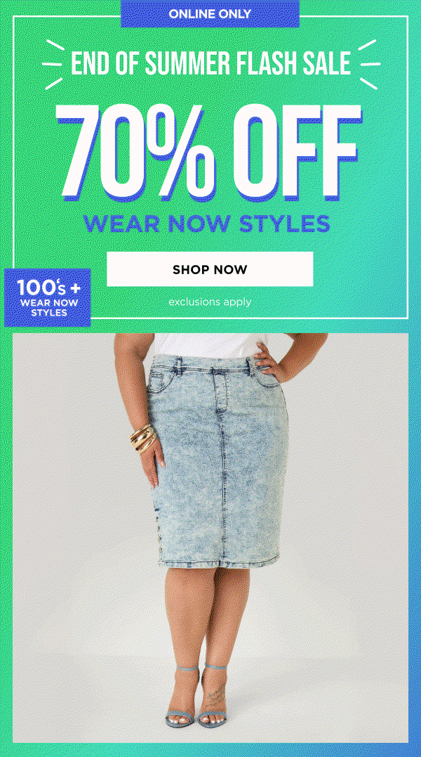 Online only. 70% off Wear Now Styles • Dresses, Tops, bottoms & Activewear. Shop now