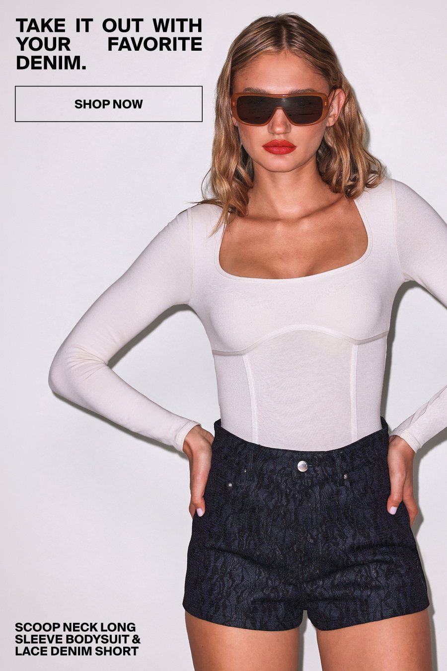 Scoop Neck Long Sleeve Bodysuit & Lace Denim Short