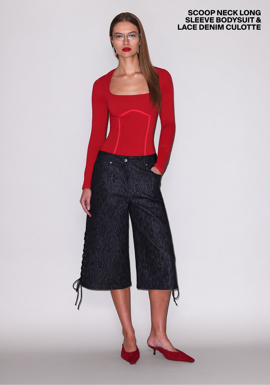 Scoop Neck Long Sleeve Bodysuit & Lace Denim Culotte