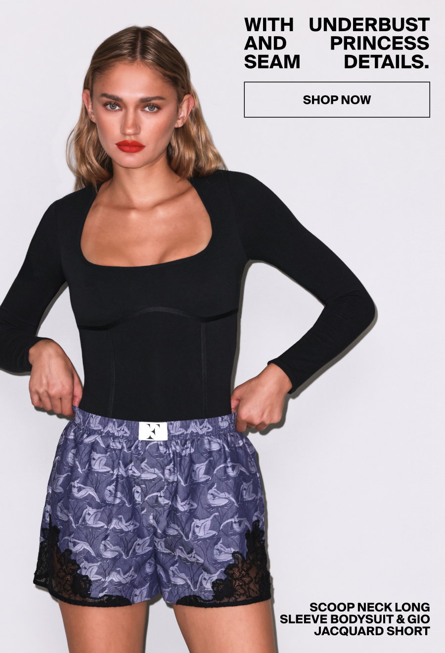Scoop Neck Long Sleeve Bodysuit & Gio Jacquard Short