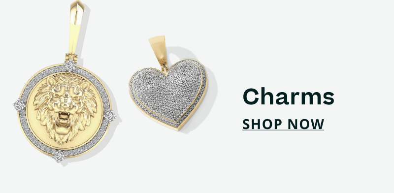 Gold roaring lion head medallion & full pavé diamond heart charm. Charms. Click here to shop now