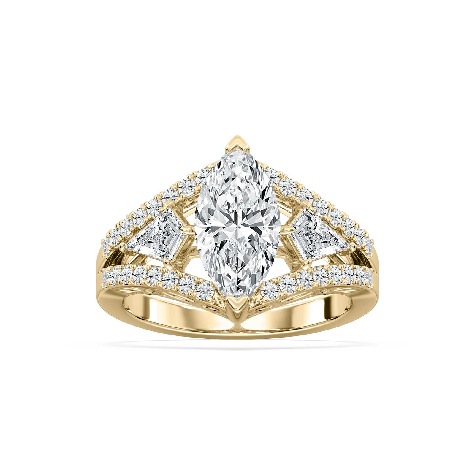 Image of Marquise Lab Grown Diamond 3ctw. Horizontal Kite Accent Engagement Ring in 14k Yellow Gold