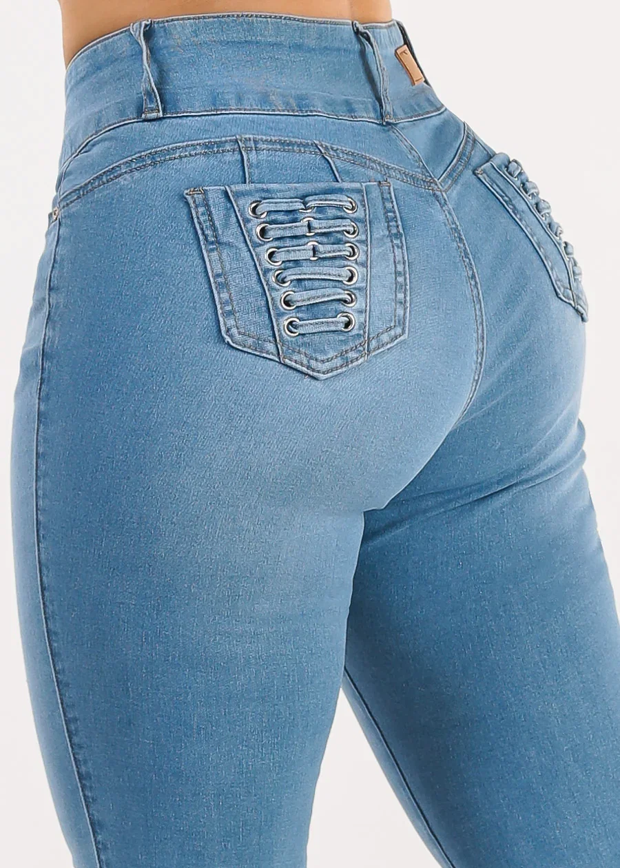 Image of Butt Lift High Waist Stretch Skinny Jeans Light Blue