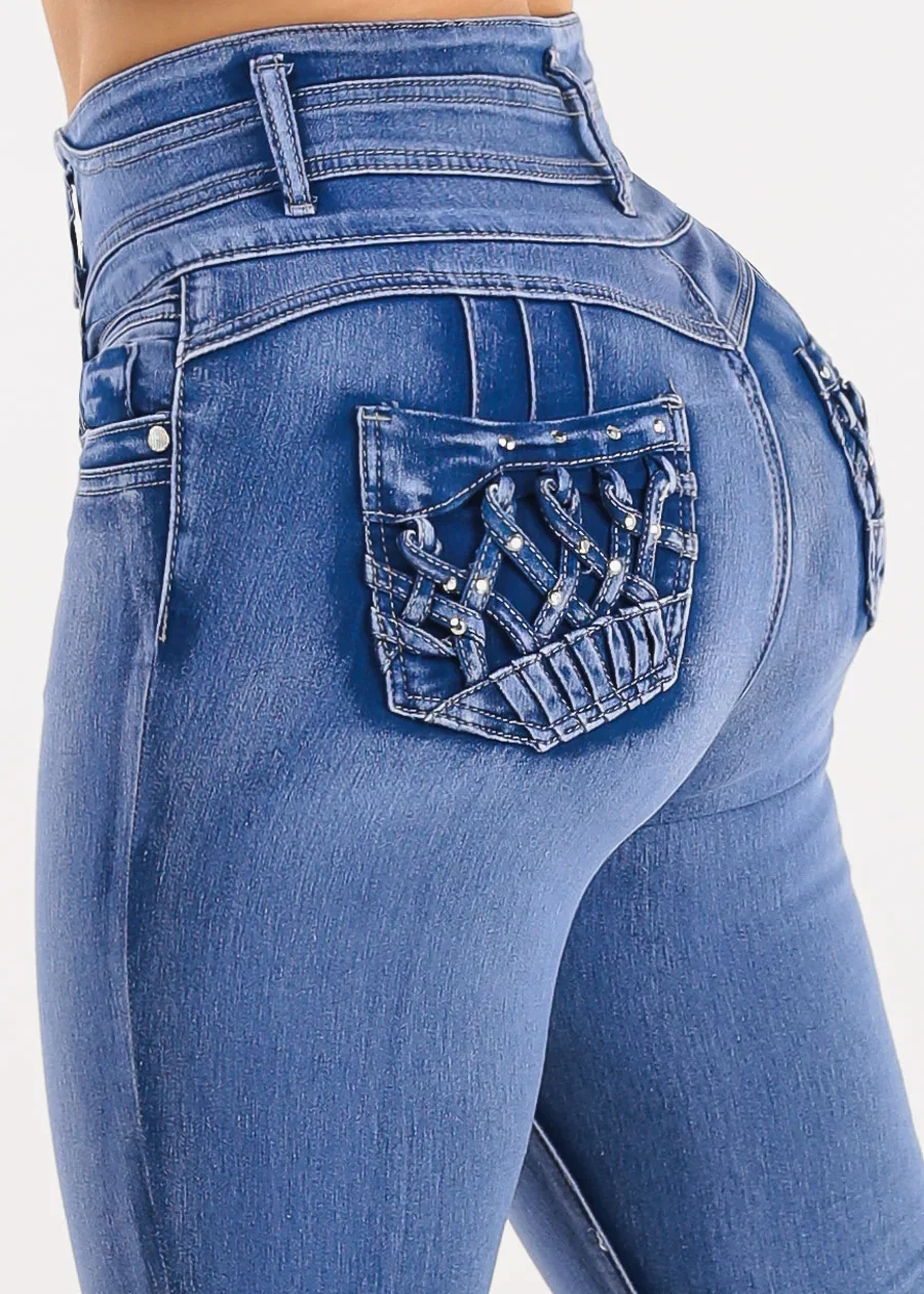 Image of Butt Lift Super High Waist Stretch Skinny Jeans Light Sand Wash