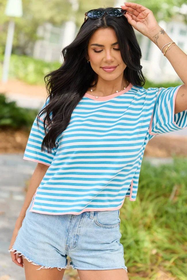 Image of Maya Aqua and White Stripe Striped Tee