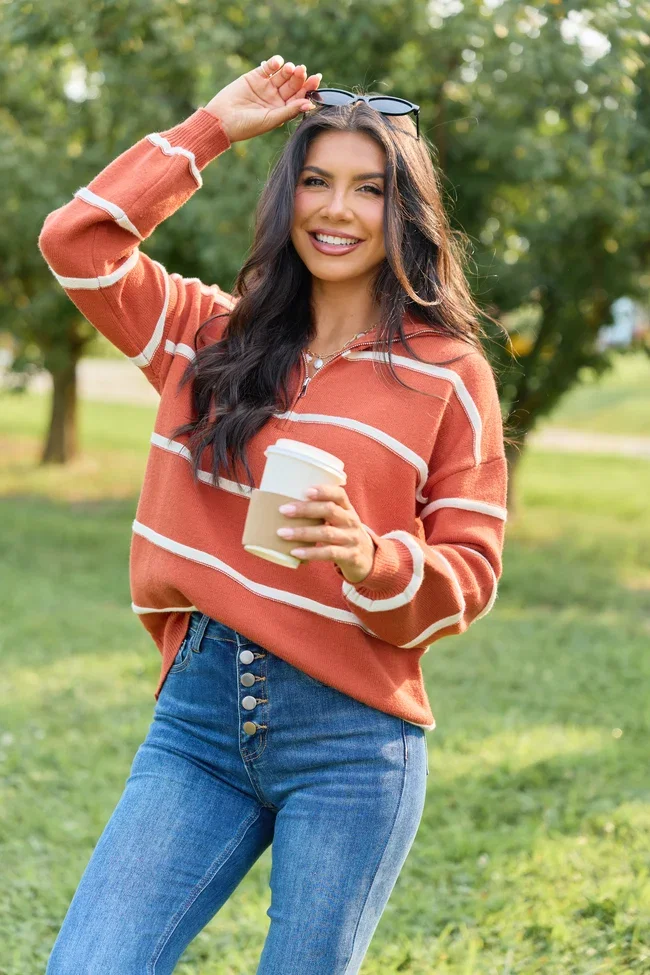 Image of Sunday Stripe Club Rust And White Quarter Zip