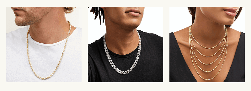 Three product shots of diverse gold colored metal chain necklaces, consisting of link & rope.