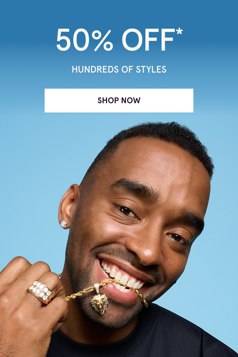 Male model with gold rope chain with lion pendant & stacked ring.  50% OFF Hundreds of styles. Click here to shop now