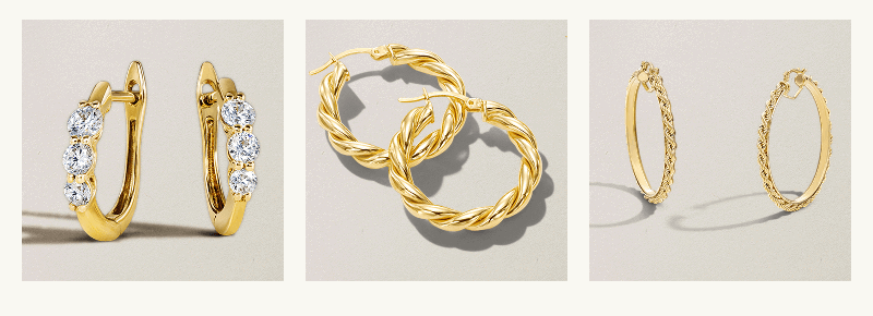 Three product shots of diverse gold hoop earrings with textured, twisted & diamond detailing.