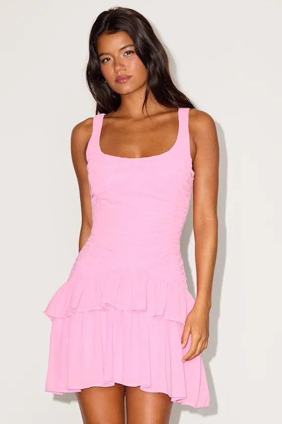 Image of Castoria Pink Pleated Tiered Mini Dress