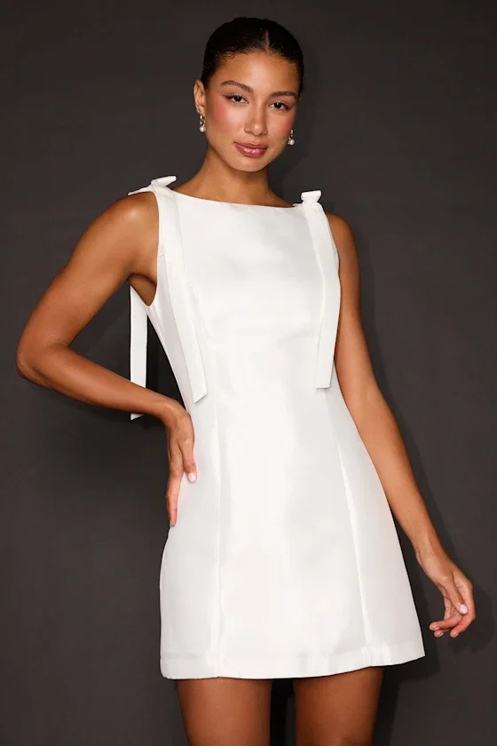 Image of Kingsley White Satin Bow Shift Mini Dress