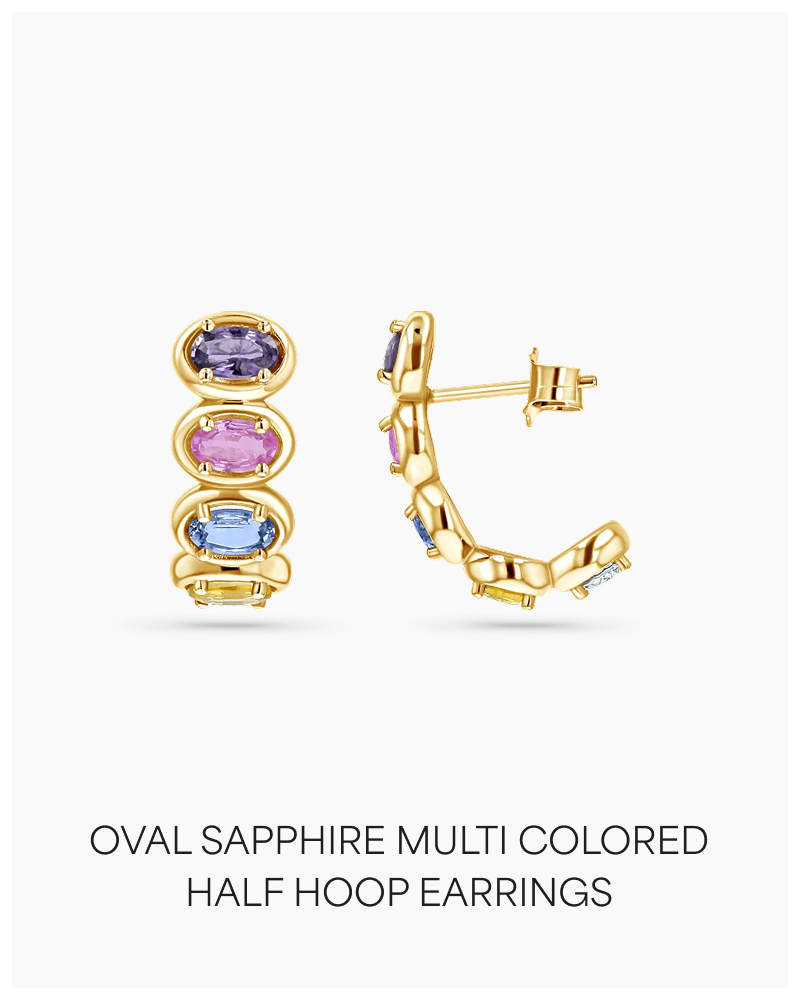 Oval Sapphire Multi Colored Half Hoop Earrings