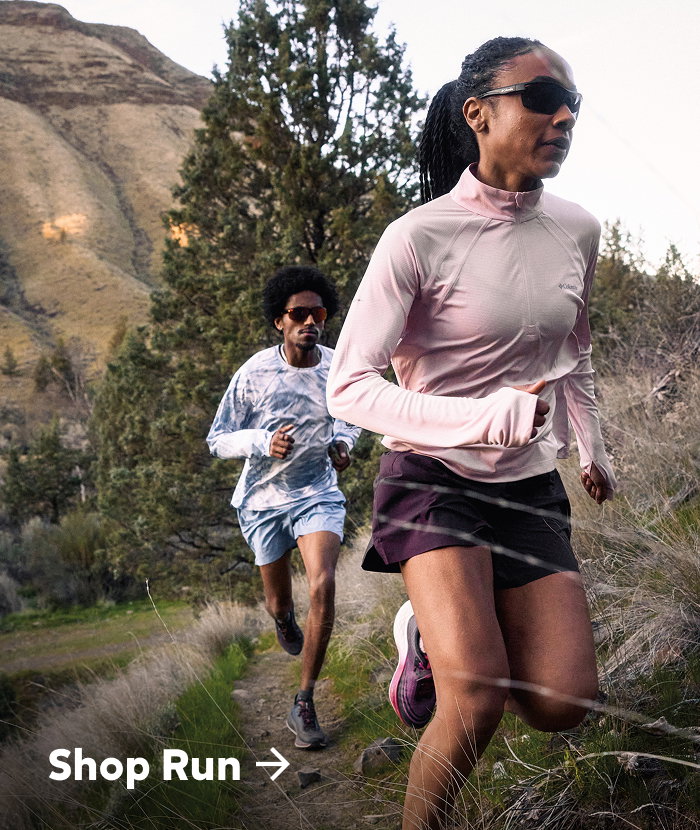 Woman and man trail running. Shop Run