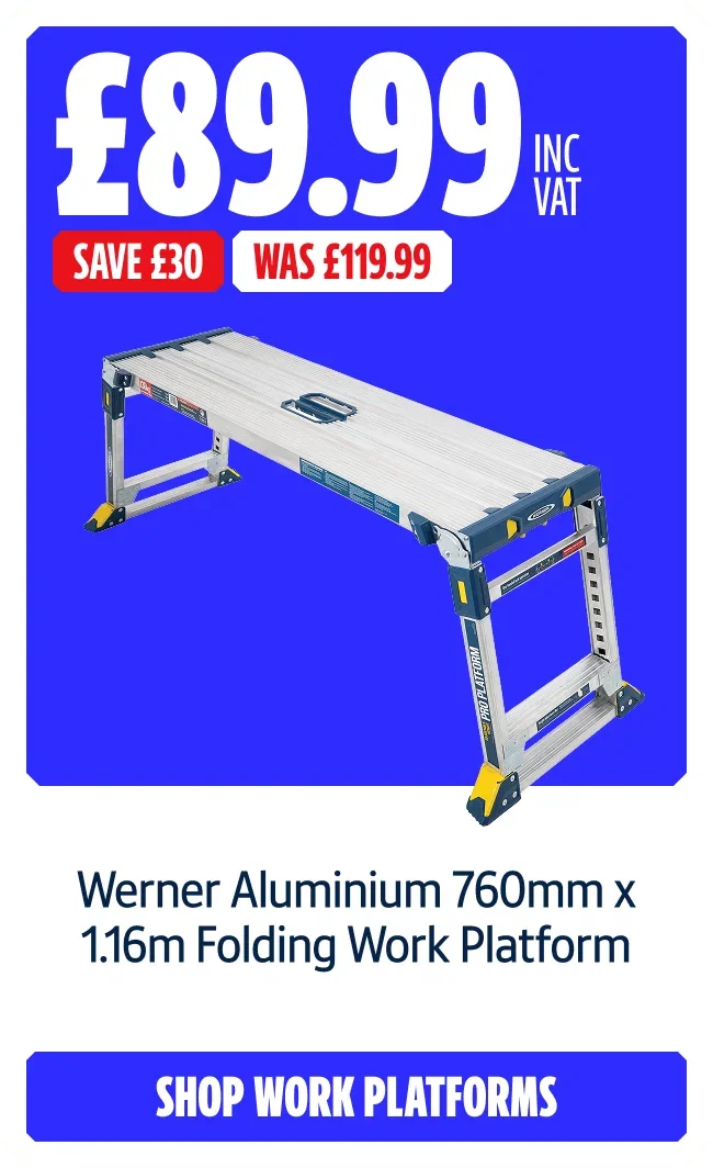 Save £30 on Werner Aluminium 760mm x 1.16m Folding Work Platform. Now £89.99 Inc Vat Was £119.99. Shop work platforms
