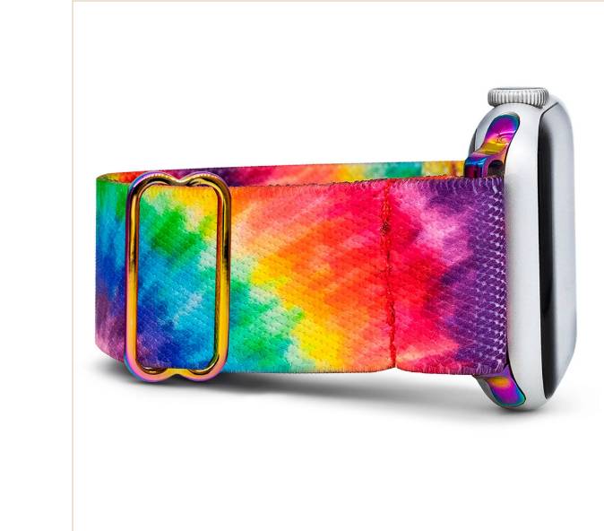 Close-up of a Tie-Dye Apple Watch band on an Apple Watch.