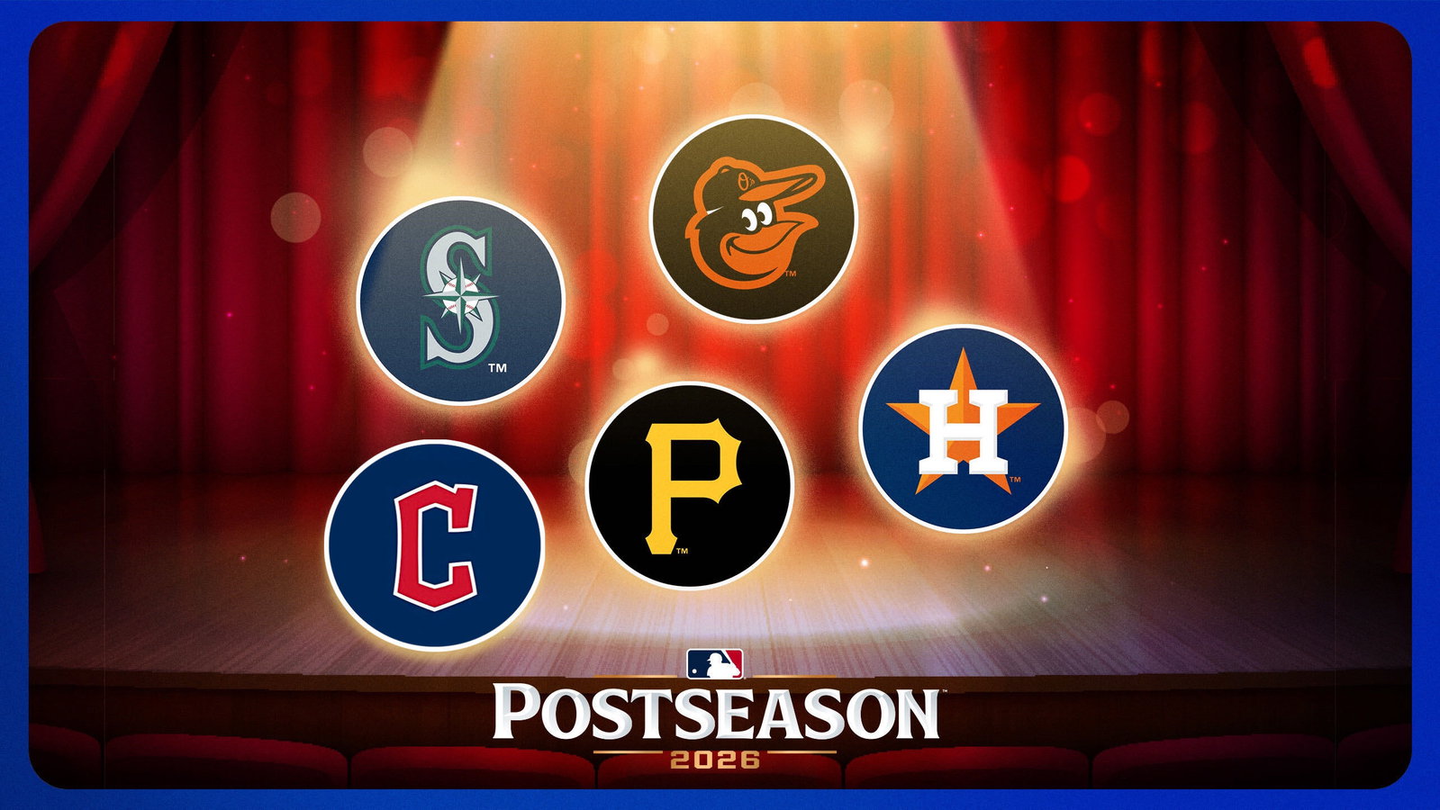 A designed image with logos for the Guardians, Mariners, Pirates, Orioles and Astros on a stage under a spotlight