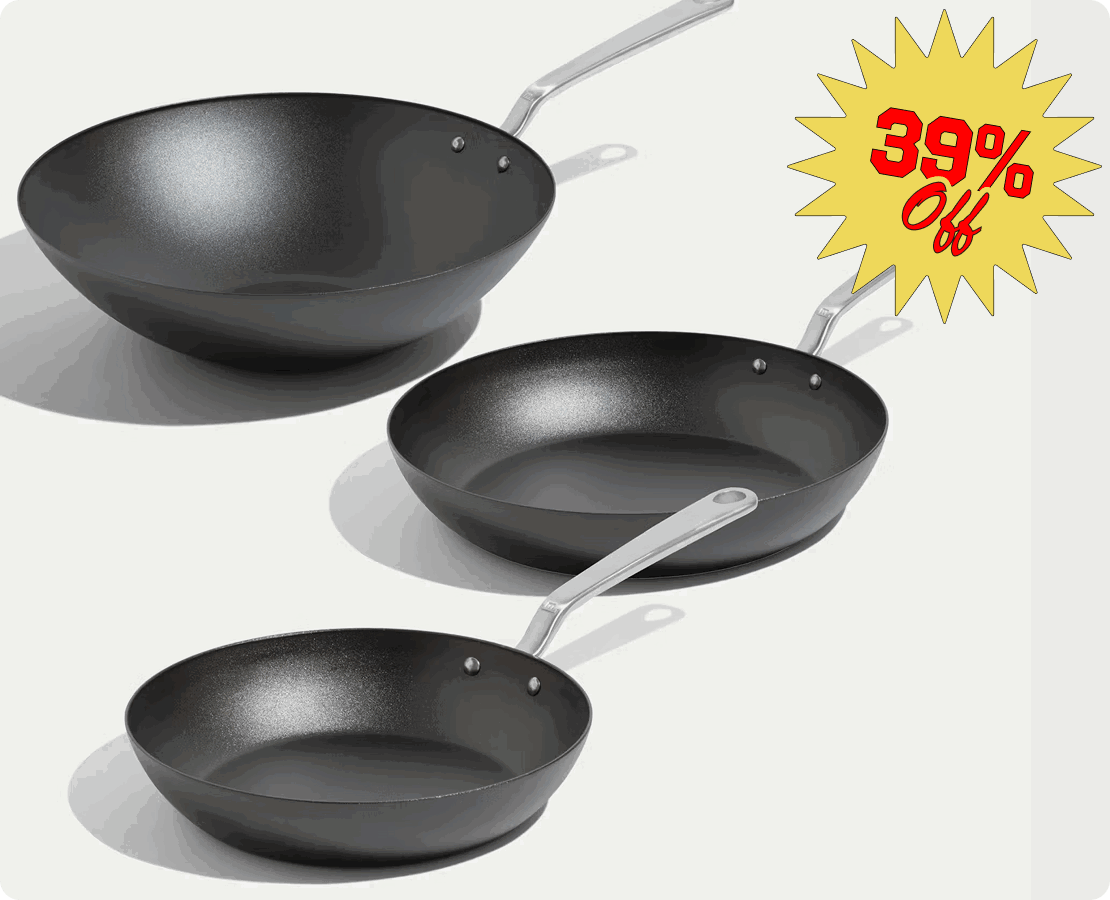 SEASONED CARBON STEEL FRYING PAN AND WOK SET. 25% OFF