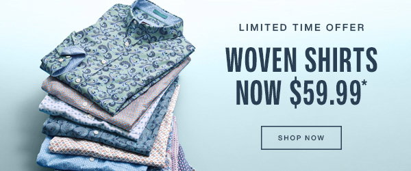 Stack of patterned woven shirts in blue and multicolor prints on a light blue background. Text reads: 