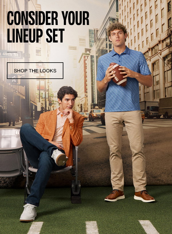 Two models in polished game-day looks, including an orange blazer and blue patterned polo, posed with a football against a city backdrop. Text reads: 