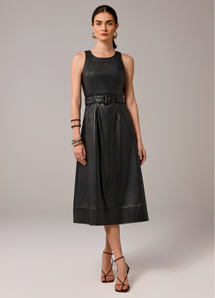 Faux Leather Belted High Neck Dress