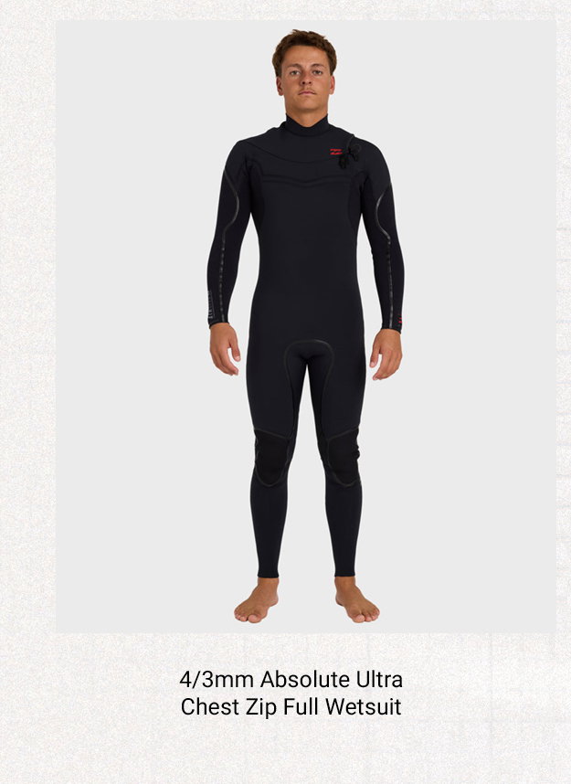 4/3mm Absolute Ultra Chest Zip Full Wetsuit - Multi-panel neoprene construction is lined with heat-retaining jersey to help maintain core temperature