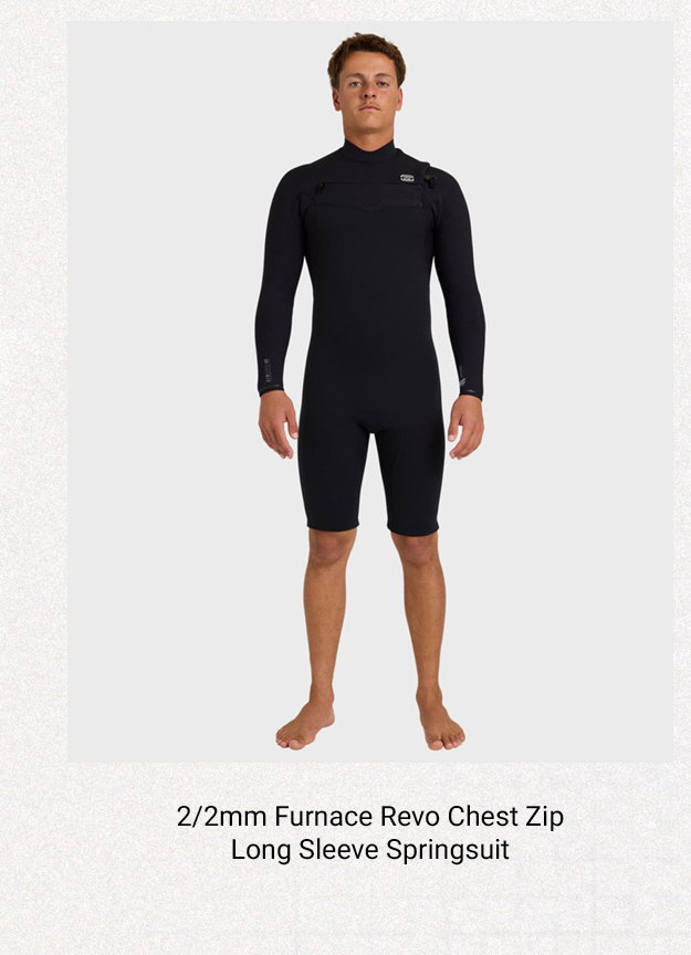 2/2mm Furnace Revo Chest Zip Long Sleeve Springsuit - The 2mm neoprene body is matched with a long sleeve cut for added protection from wind and sun, while the chest zip entry keeps bulk off your back and helps reduce flushing.