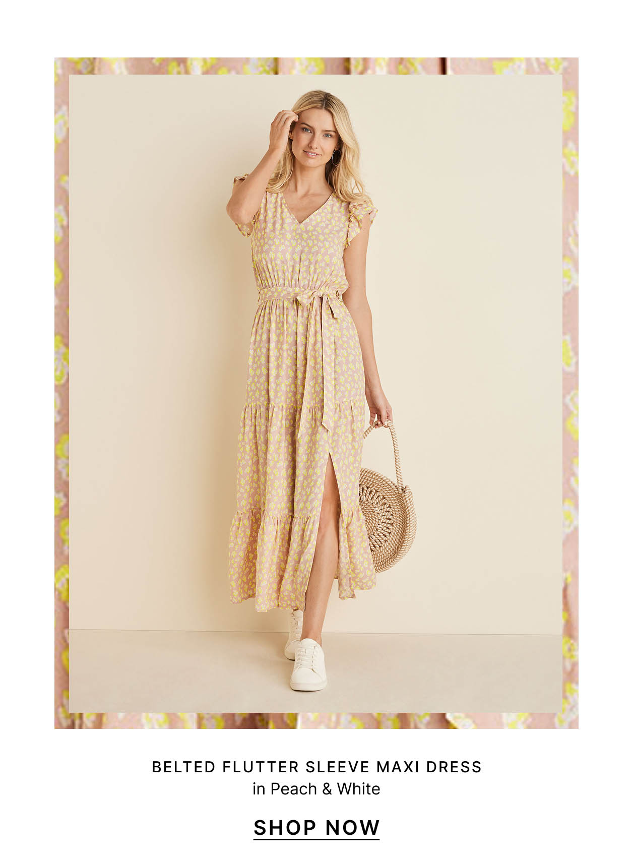 Belted Flutter Sleeve Maxi Dress