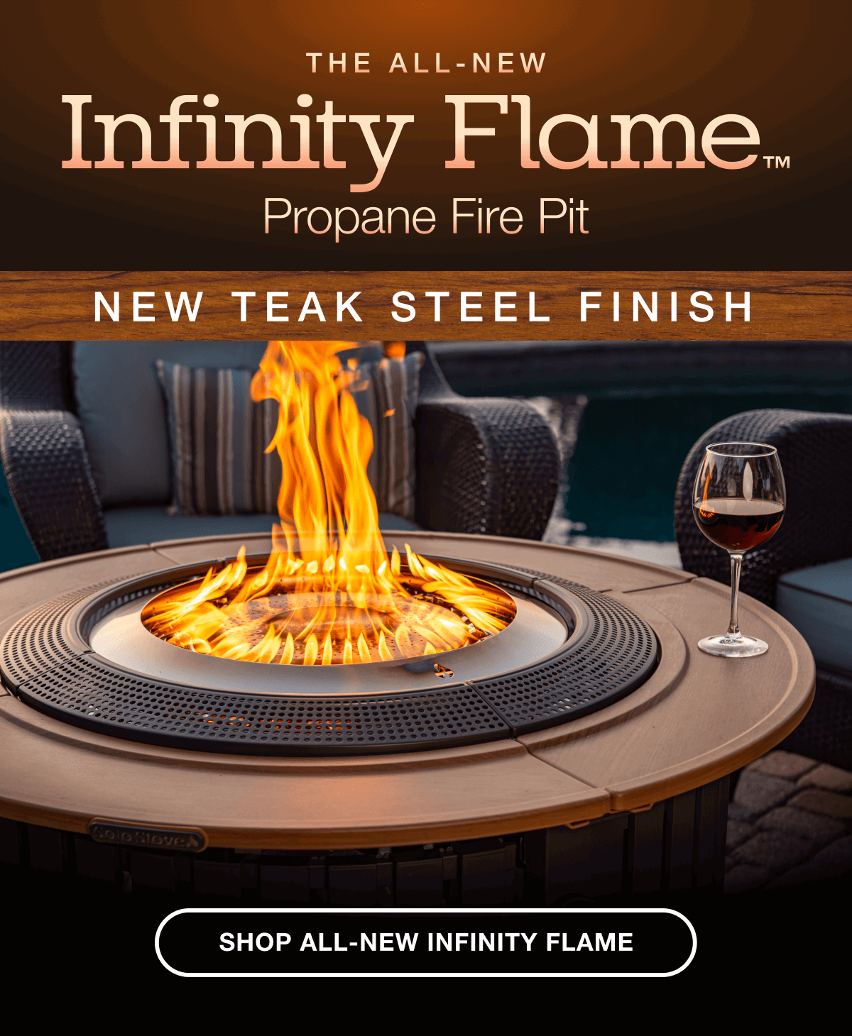 Infinity Flame Propane Fire Pit + Surround Surface - Teak Steel Finish