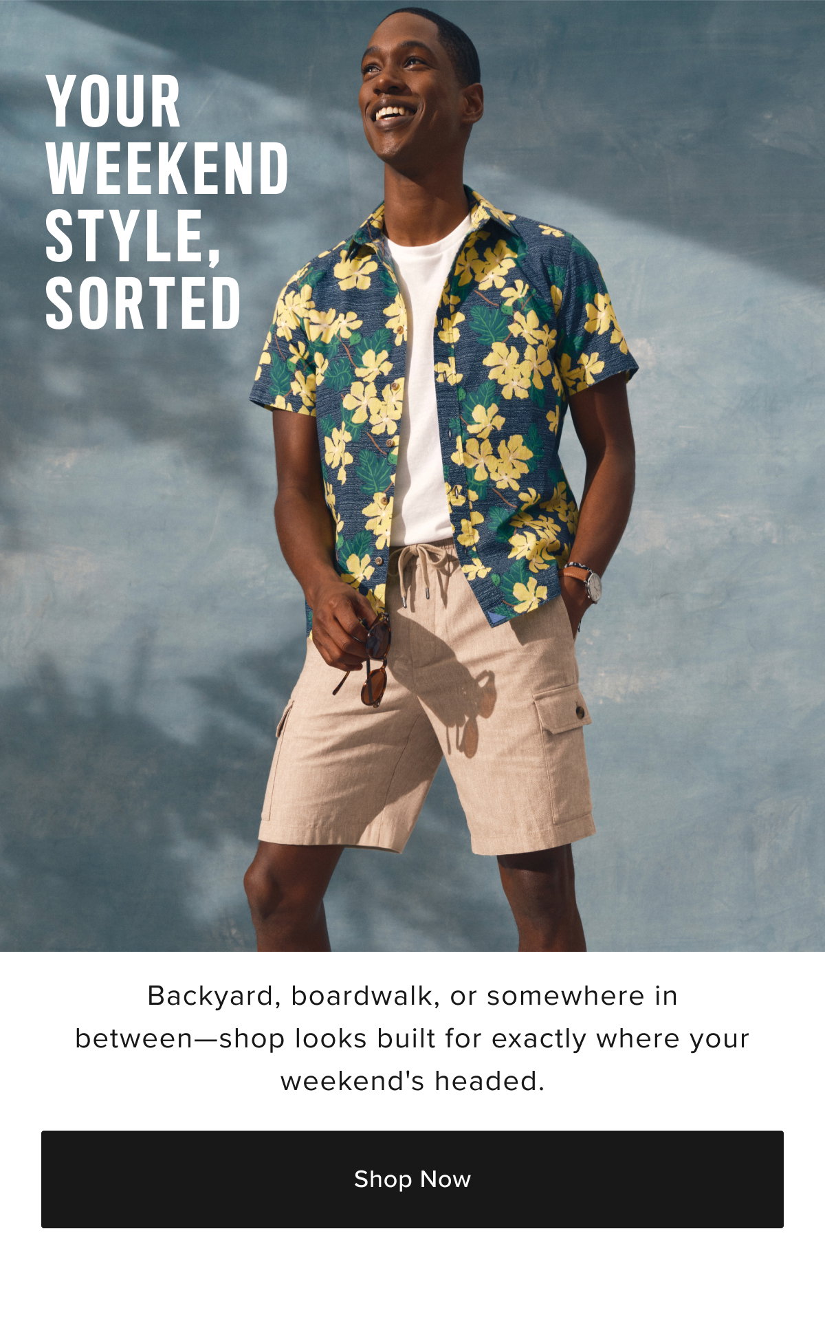 Model is pictued is wearing a printed vintage wash shirt with linen shorts UNTICKit's Weekend style!