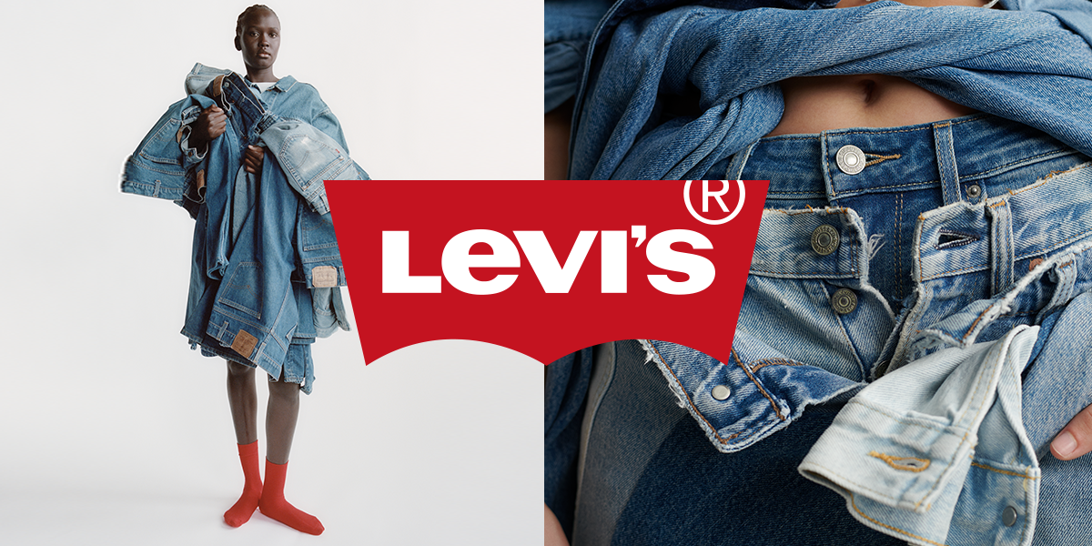 Model wearing selection of Levi's jeans