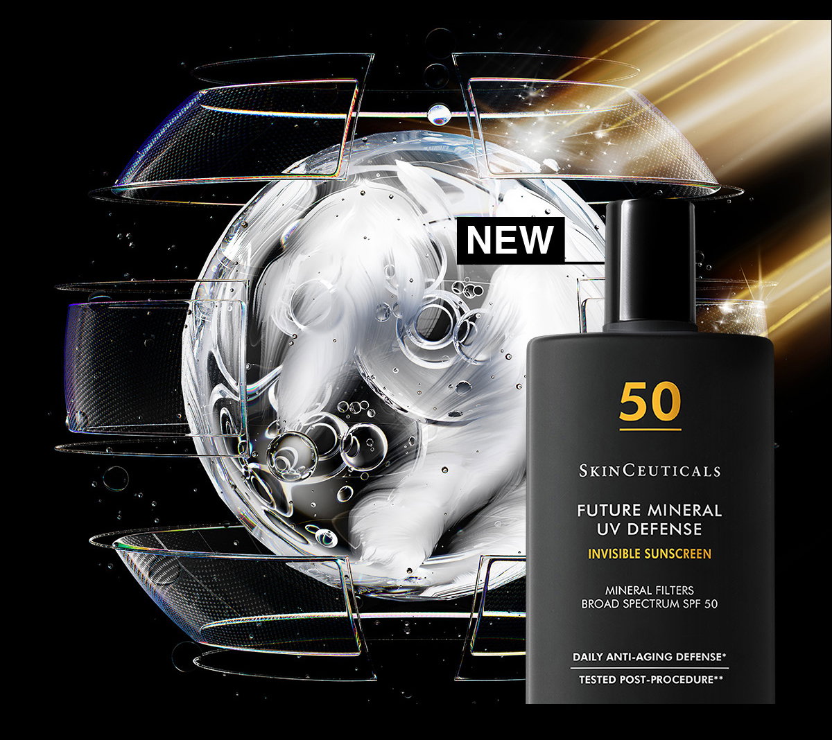 SkinCeuticals Future Mineral UV Defense Invisible Sunscreen SPF 50 bottle floating inside a futuristic metallic sphere with protective shield graphics